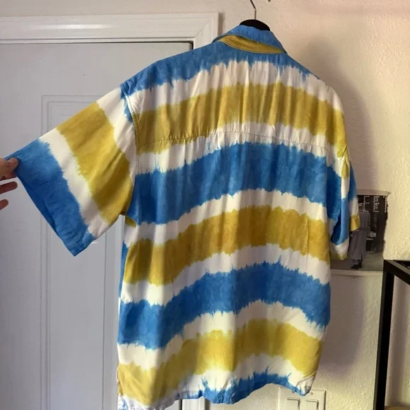 TUGU men’s yellow blue white striped rayon tie dye button up shirt - Picture 3 of 6